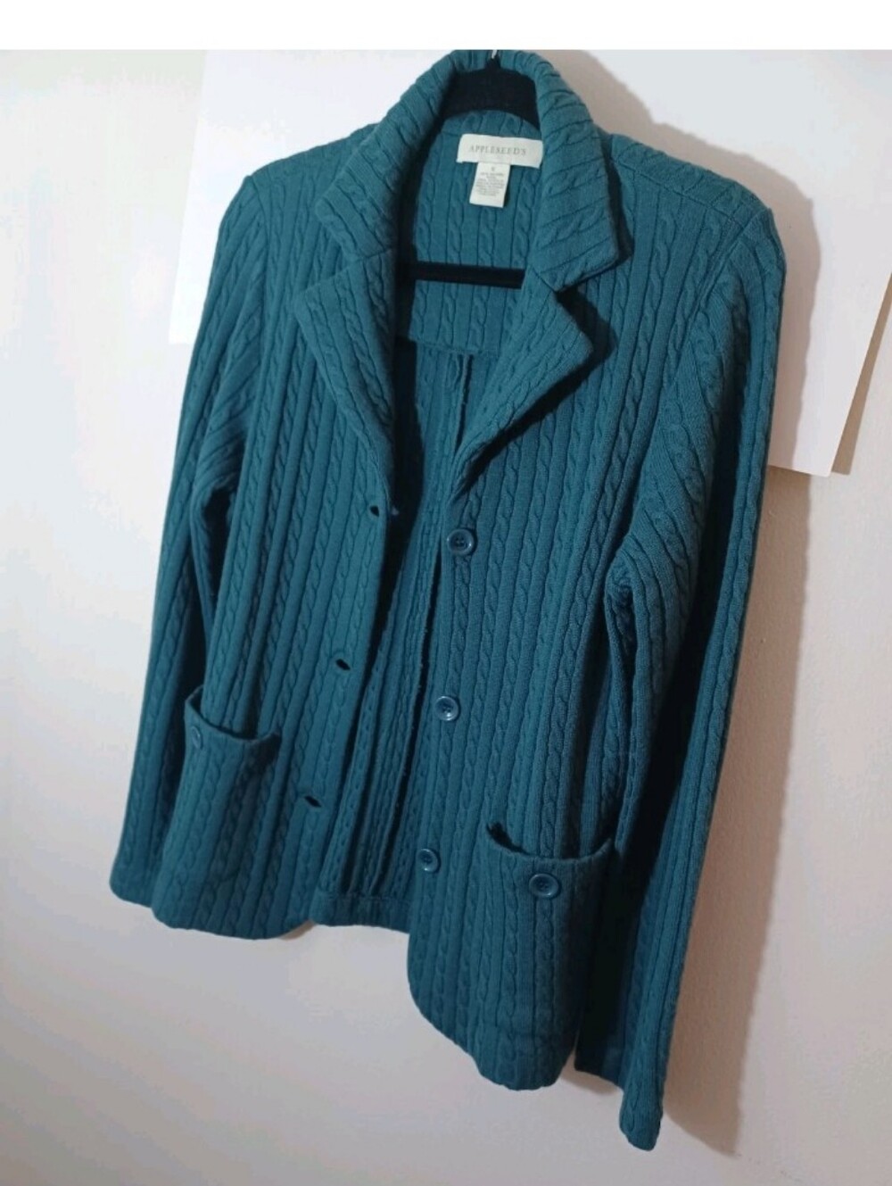 Appleseed Dark Teal Merino Wool/Acrylic Blend Cable-Knit Blazer Jacket Small